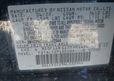 2022 Nissan Kicks Sv Xtronic Cvt from USA, damaged, VIN 3N1CP5CV9NL522944